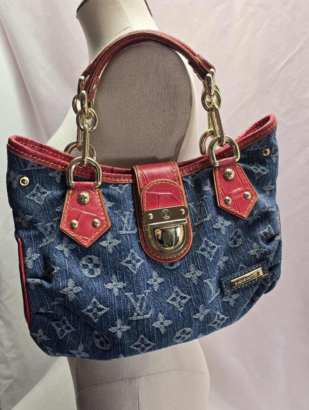 Denim and Red Pleaty Mini bag Monogram Logo Y2K READ INFO